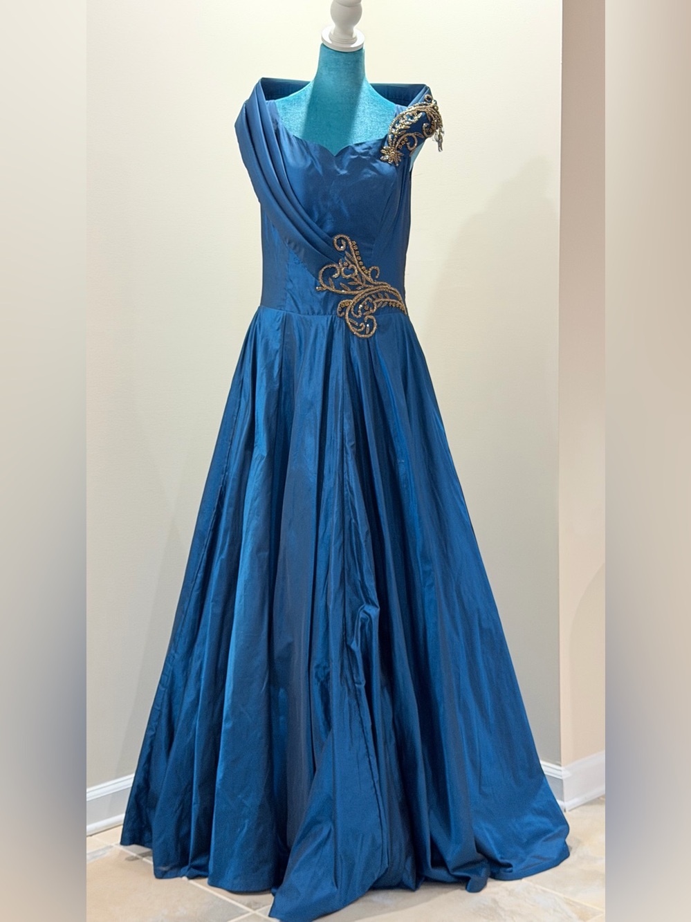 Blue Formal Dress with Gold Embellishment